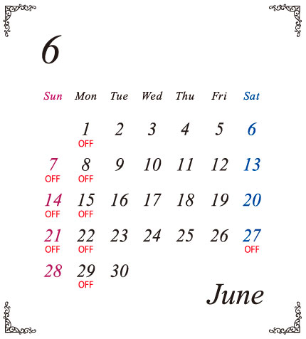 6月の定休日カレンダー